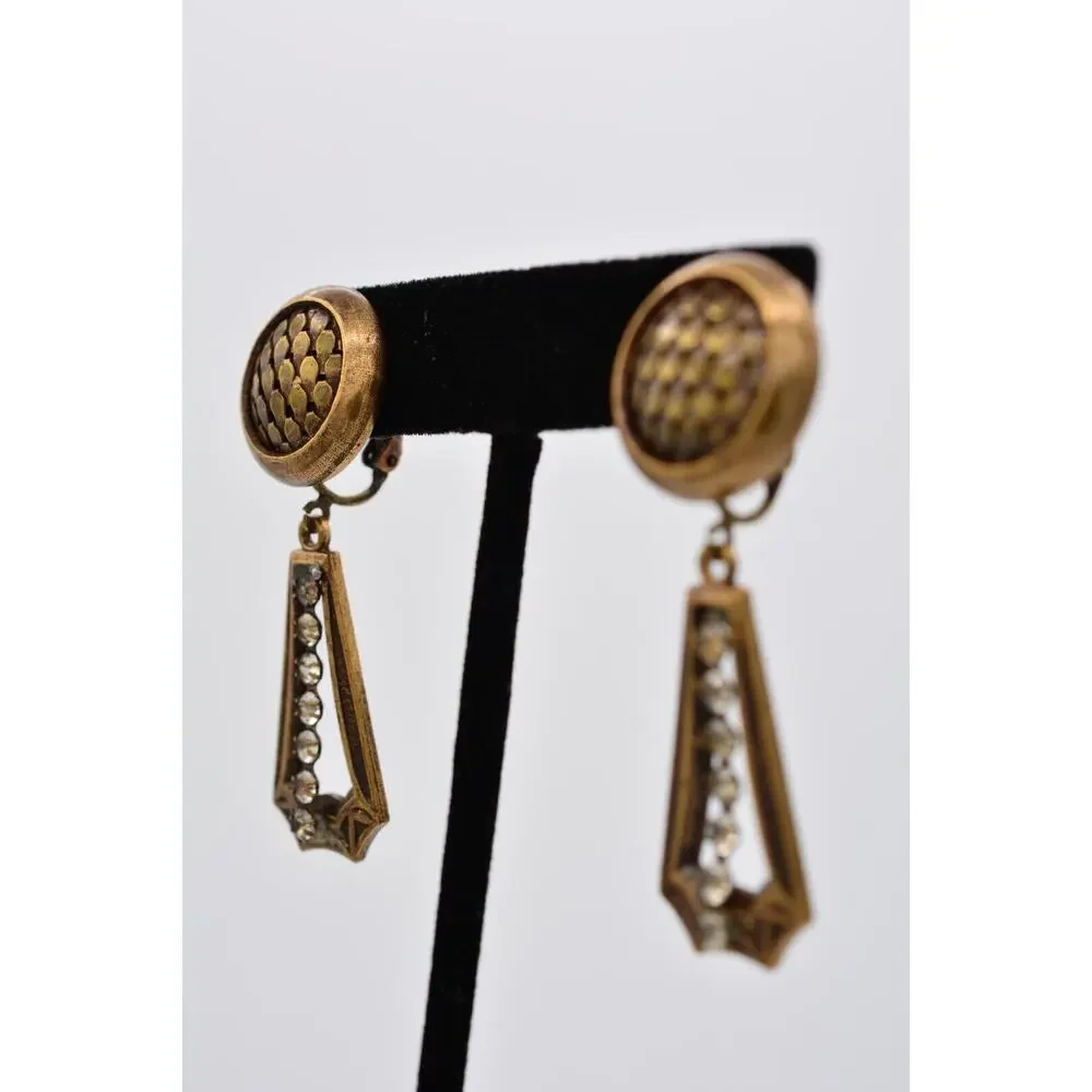 Vintage Dangle Clip On Earrings Rustic Brass Tone Rhinestone Crystal 1980s 9H